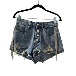 Womens‎ Denim Shorts Rhinestone Fringe Distressed Button Fly Blue Jeans
